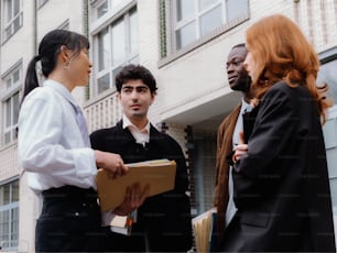 a group of people standing outside of a building