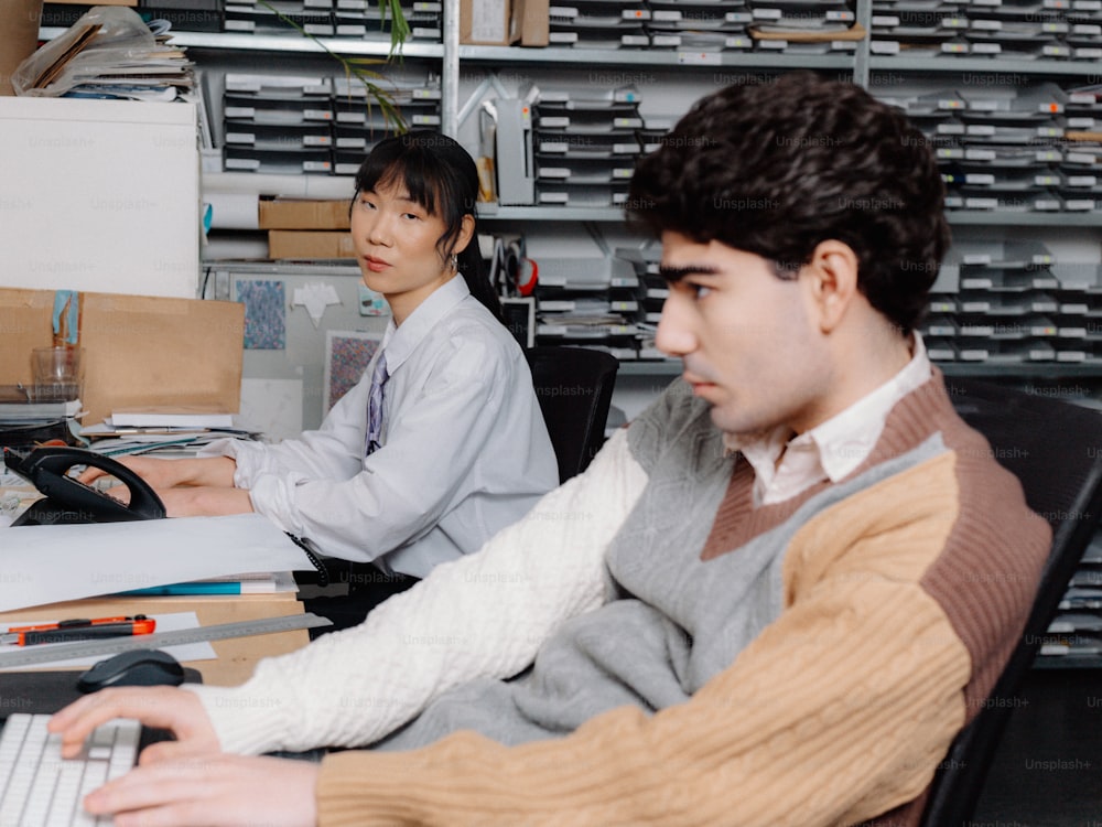 Un par de personas sentadas en un escritorio con una computadora portátil