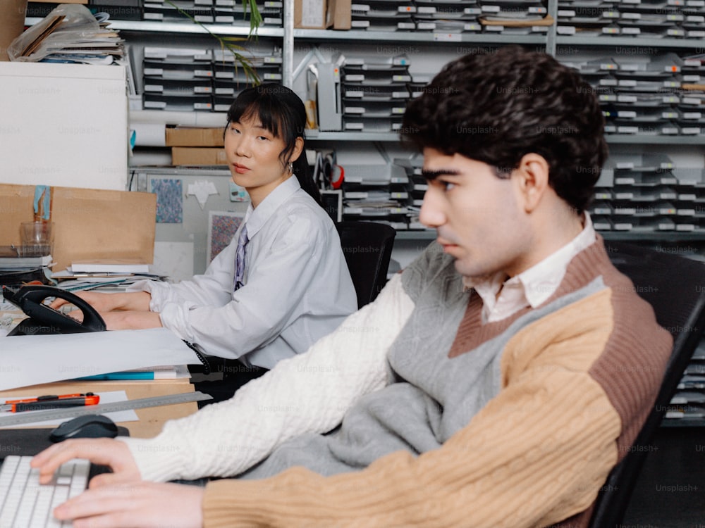 a couple of people sitting at a desk with a laptop