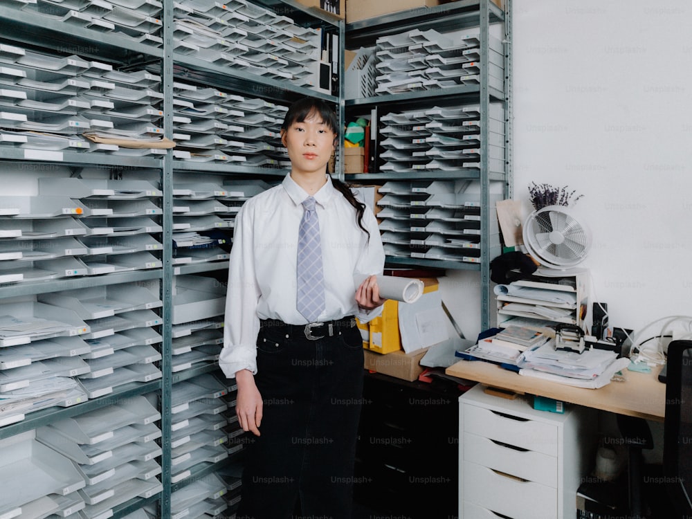 una mujer de pie frente a una estantería llena de archivos
