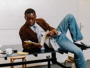 a man sitting on a table reading a book