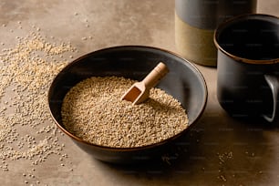 a bowl of oats and a mug of coffee