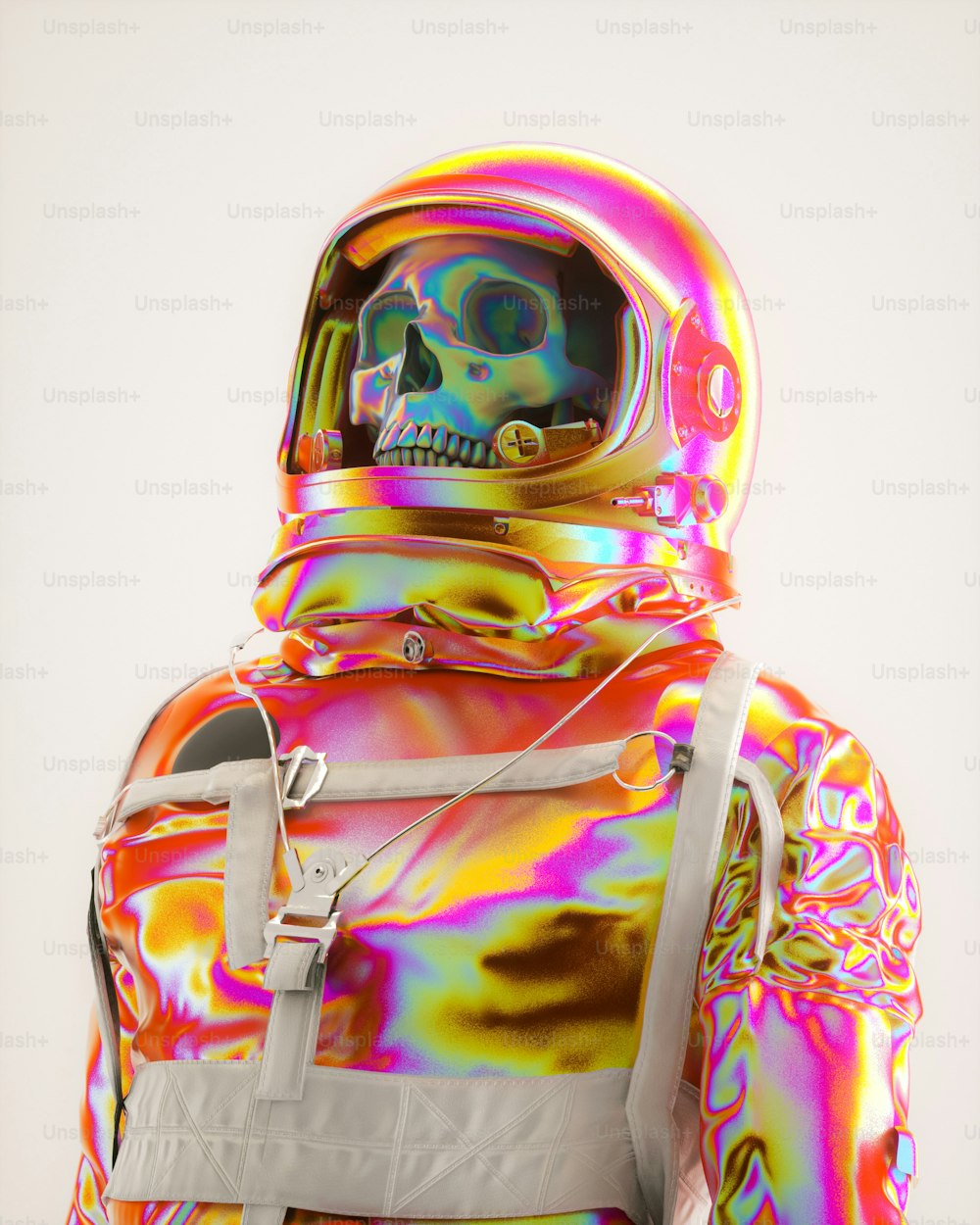 a man in a space suit with a skull on his back
