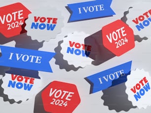 a group of red, white and blue political badges