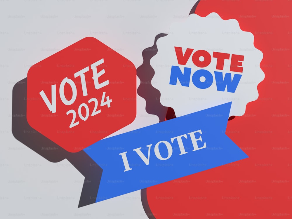 a red, white and blue sticker with the words vote now and i vote