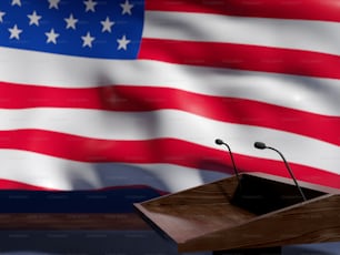 Um pódio com um microfone na frente de uma bandeira americana