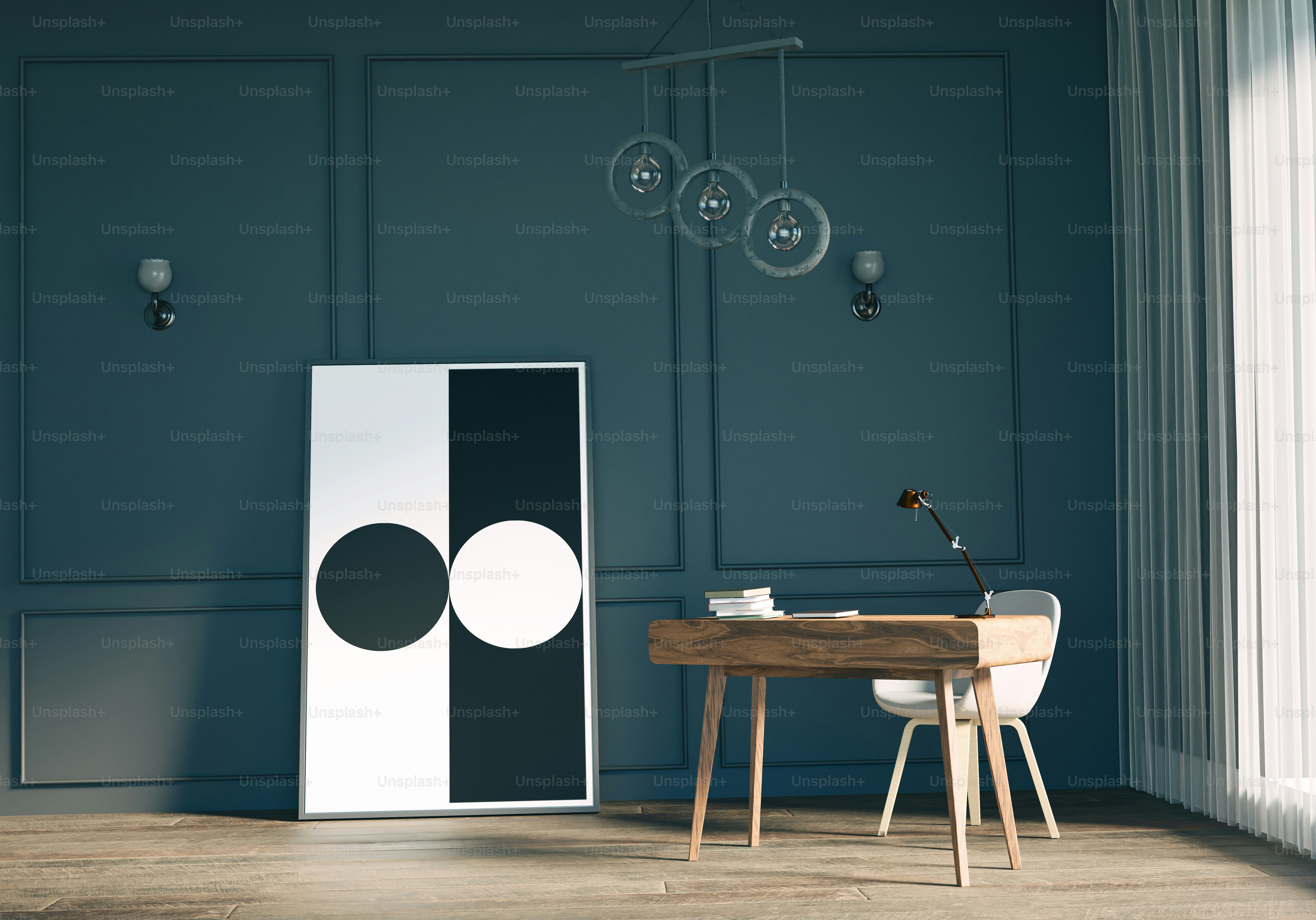 a table and chair in a room with a painting on the wall