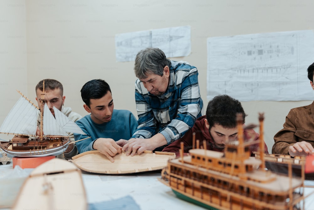 a group of men working on a model of a ship
