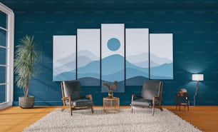 una sala de estar con un gran cuadro en la pared