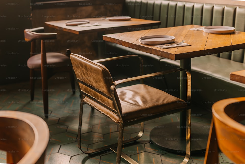 a wooden table and chairs in a restaurant