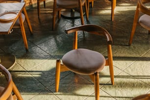 a room filled with lots of wooden chairs and tables