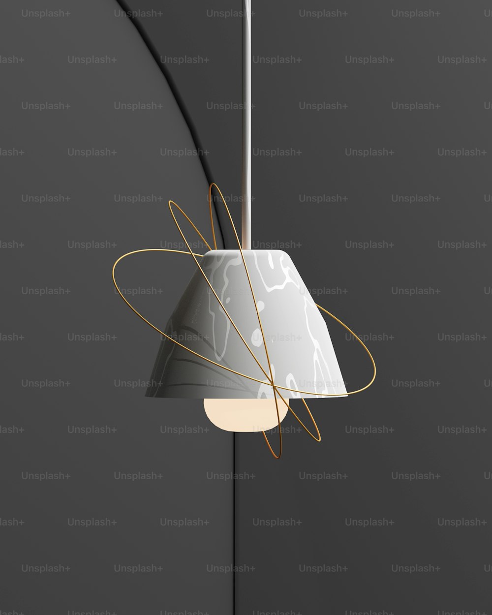 a white lamp hanging from a metal pole