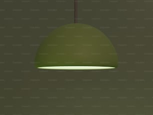 a green light hanging from a ceiling in a room
