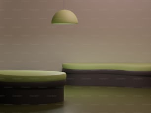 緑色のソファと緑色のランプのある部屋