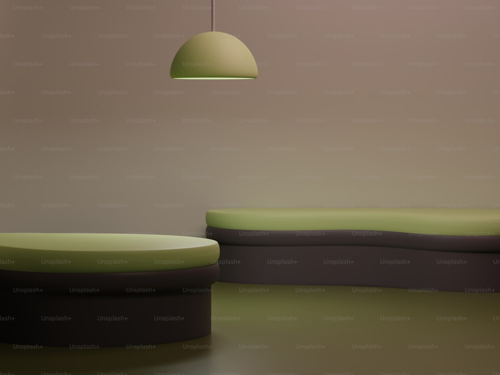 a room with a green couch and a green lamp