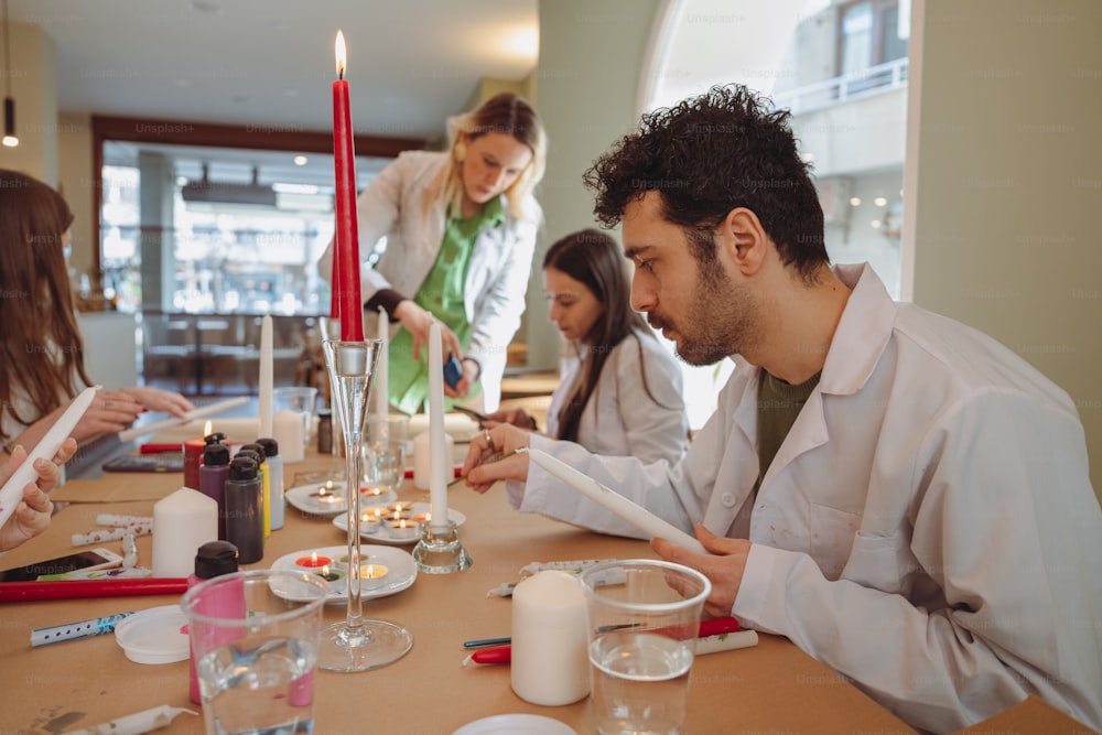 a group of people sitting around a table