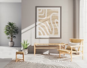 una sala de estar con un cuadro y dos sillas