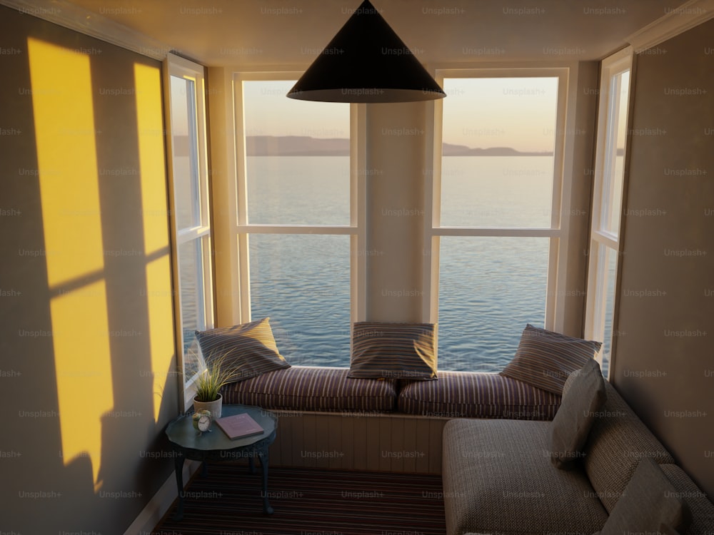 a living room with a couch and two windows