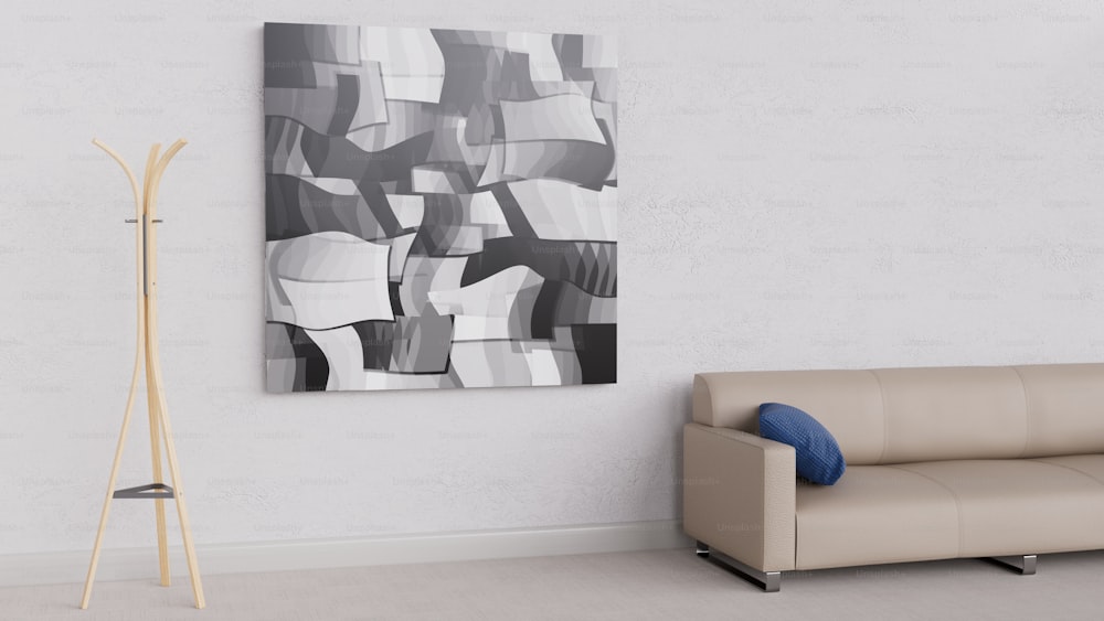 uma sala de estar com um sofá e uma pintura na parede