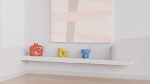 une étagère avec trois vases et un tableau sur le mur