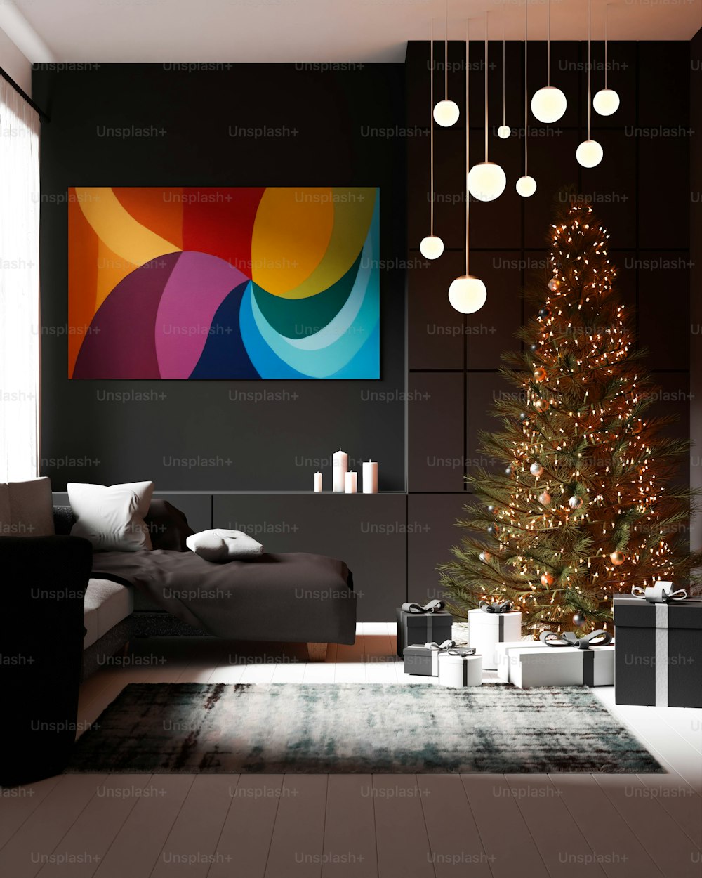 a living room with a christmas tree in the corner