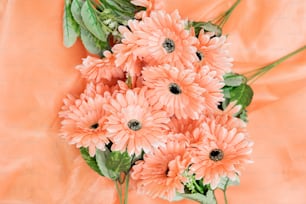 a bouquet of pink flowers on a peach background