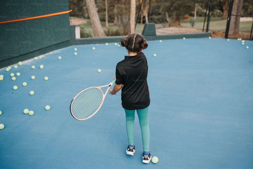 a young girl holding a tennis racquet on top of a tennis court