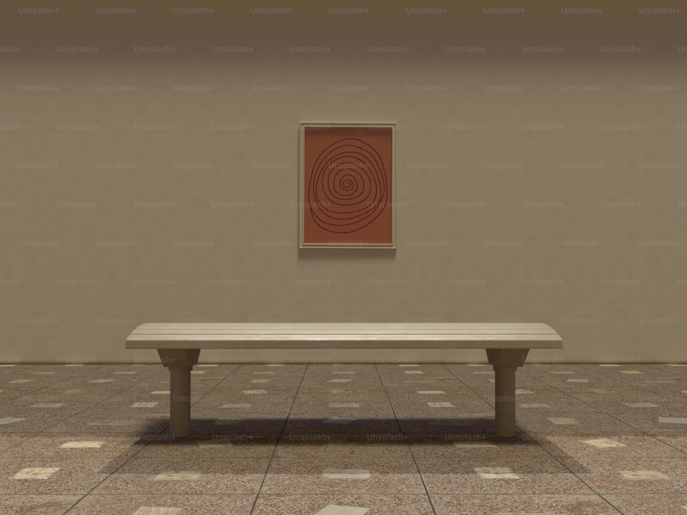 a bench in a room with a painting on the wall