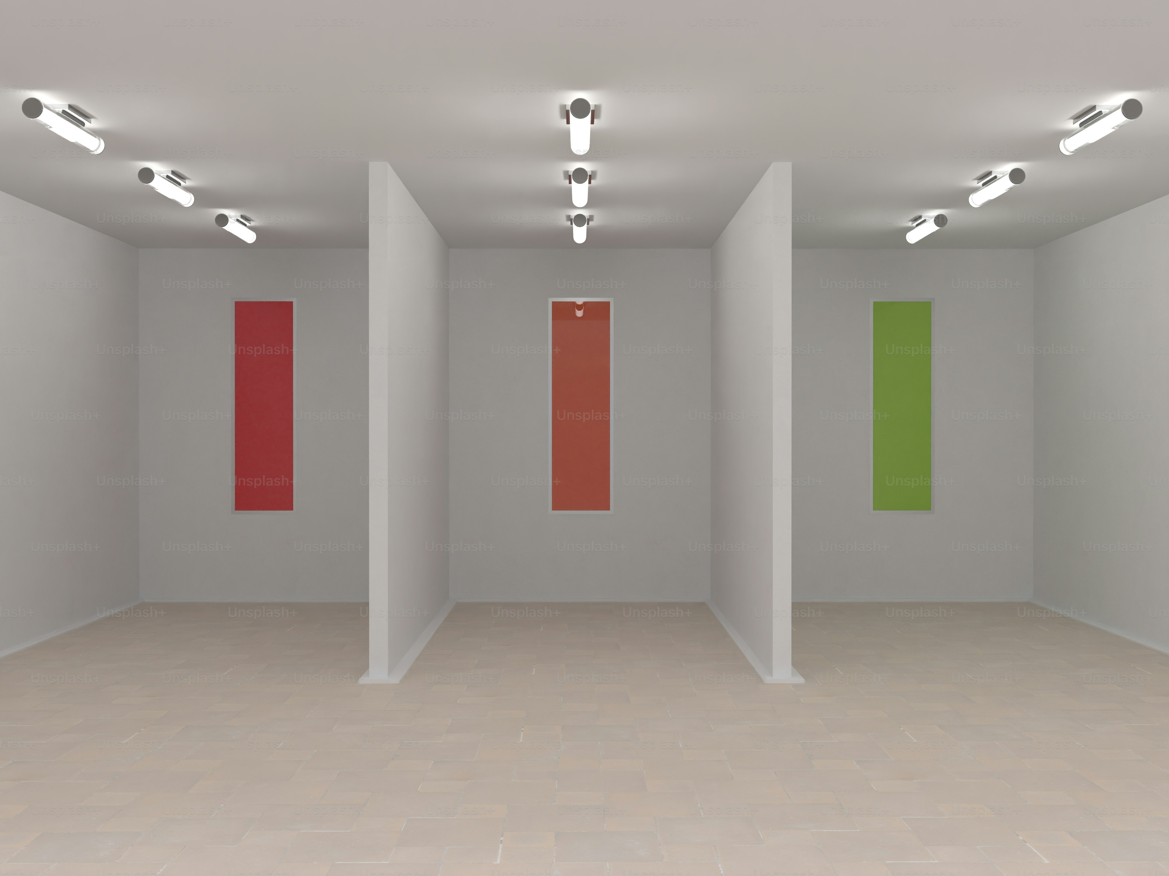 an empty room with three different colored doors