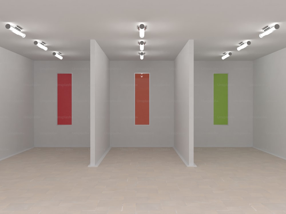 uma sala vazia com três portas de cores diferentes
