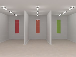 an empty room with three different colored doors