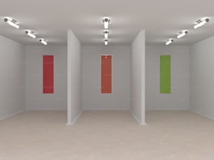 an empty room with three different colored doors