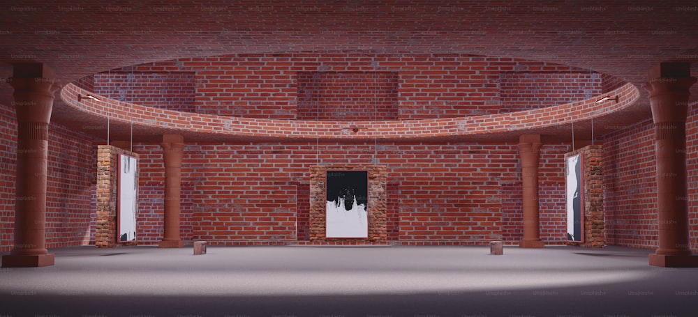 a room with a brick wall and a white door