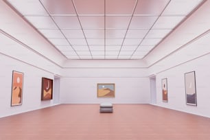 an empty room with paintings on the wall