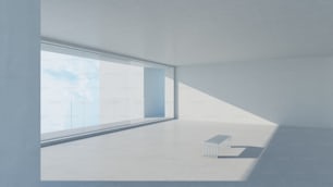 a white room with a bench in the middle of it