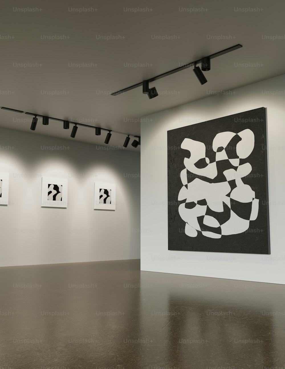 a large black and white painting on a wall