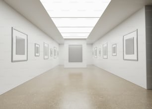 um quarto branco vazio com quadros na parede