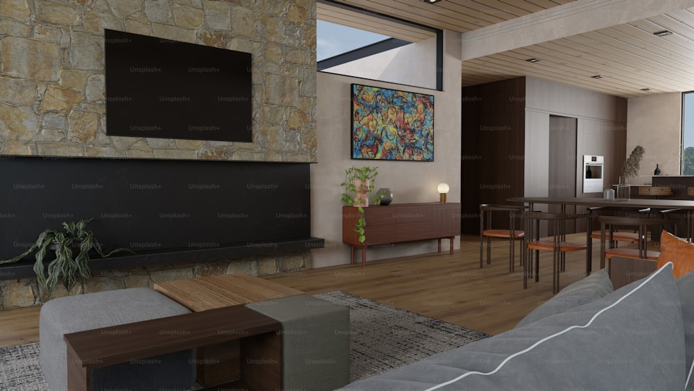 Un soggiorno pieno di mobili e una TV a schermo piatto