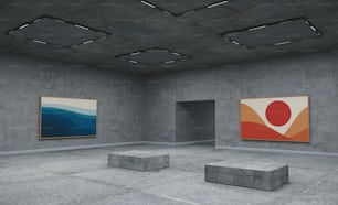 uma grande sala com duas pinturas na parede