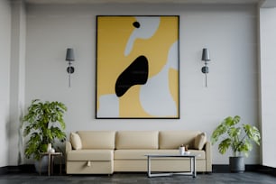 ein Wohnzimmer mit einer Couch und einem Gemälde an der Wand