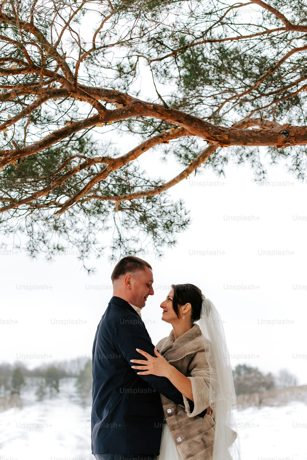 a bride and groom standing under a tree in the snow