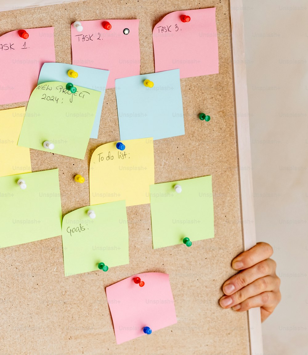 a cork board with post it notes attached to it