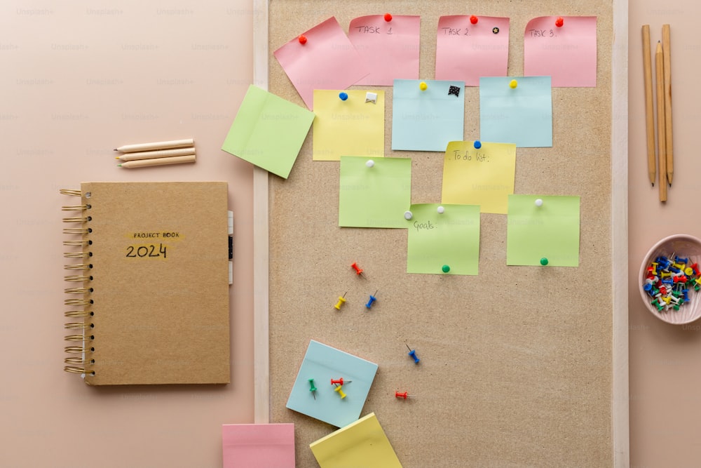 a bulletin board covered in post it notes