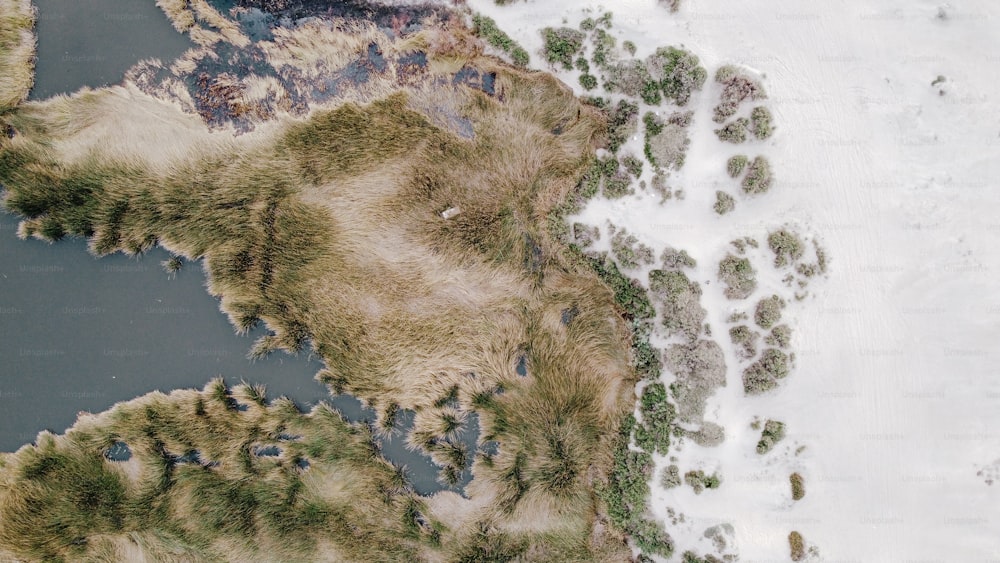 a bird's eye view of a snow covered landscape
