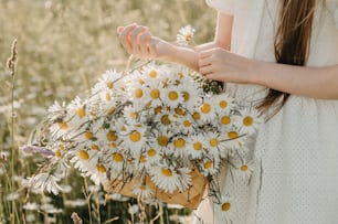 a woman holding a basket of daisies in a field
