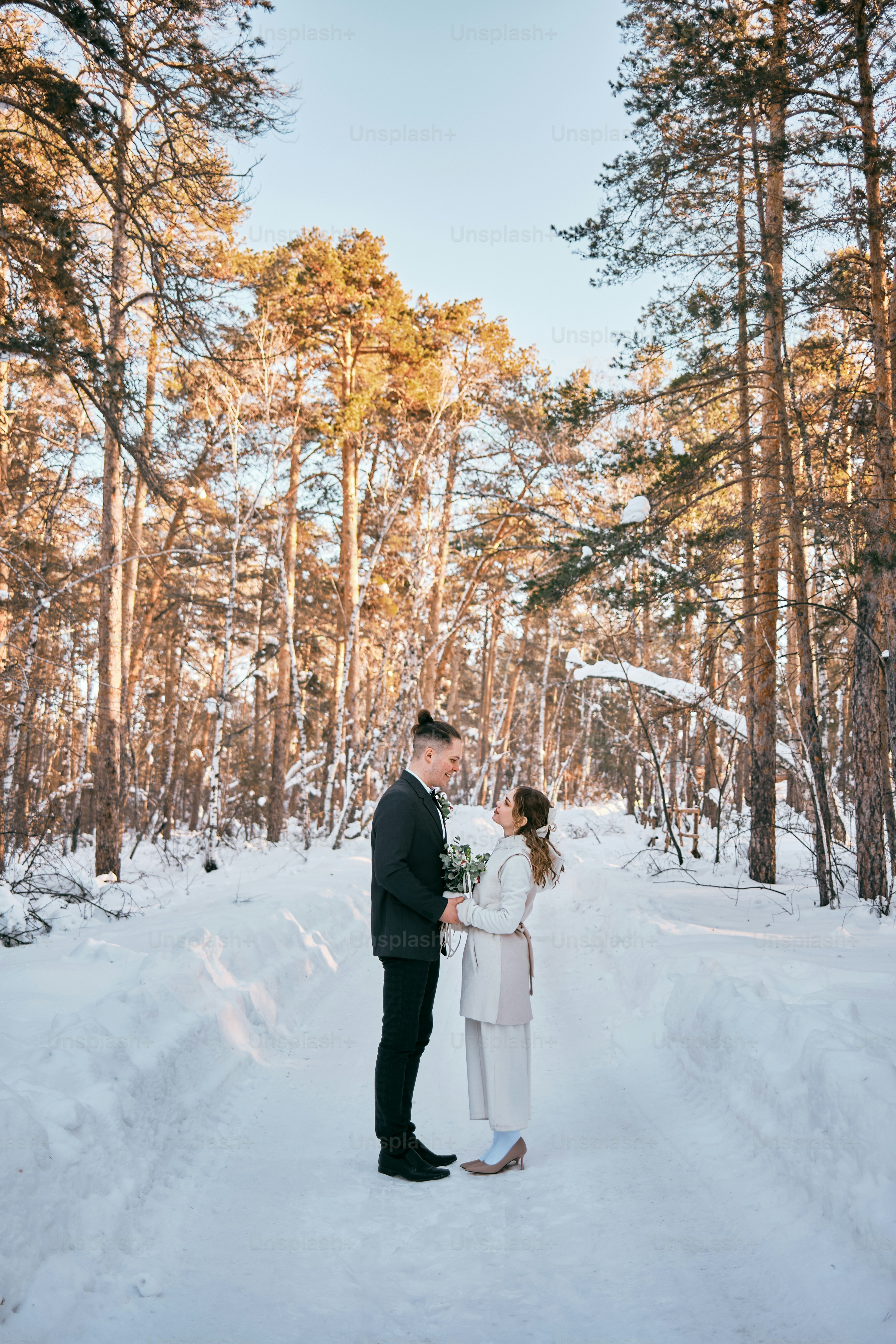 a bride and groom standing in the snow