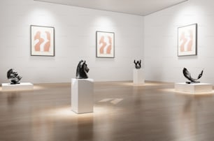 a group of sculptures sitting on top of white pedestals