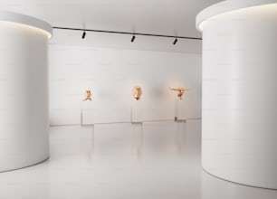 a room filled with white walls and sculptures