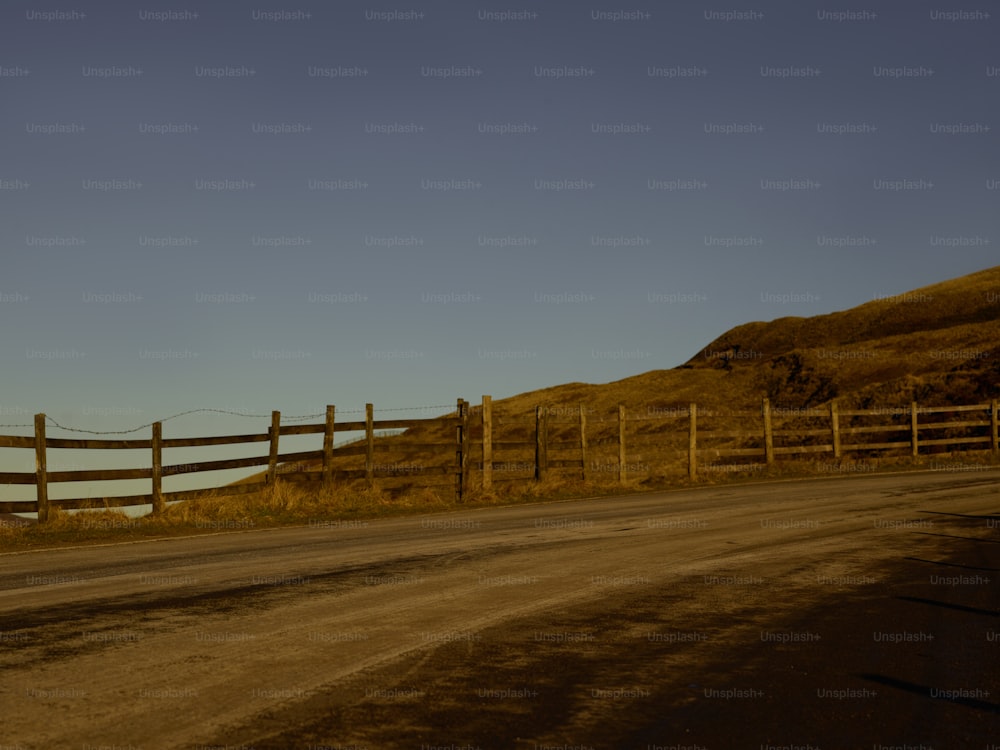 a horse standing on the side of a road next to a fence