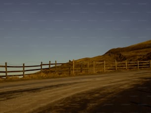a horse standing on the side of a road next to a fence